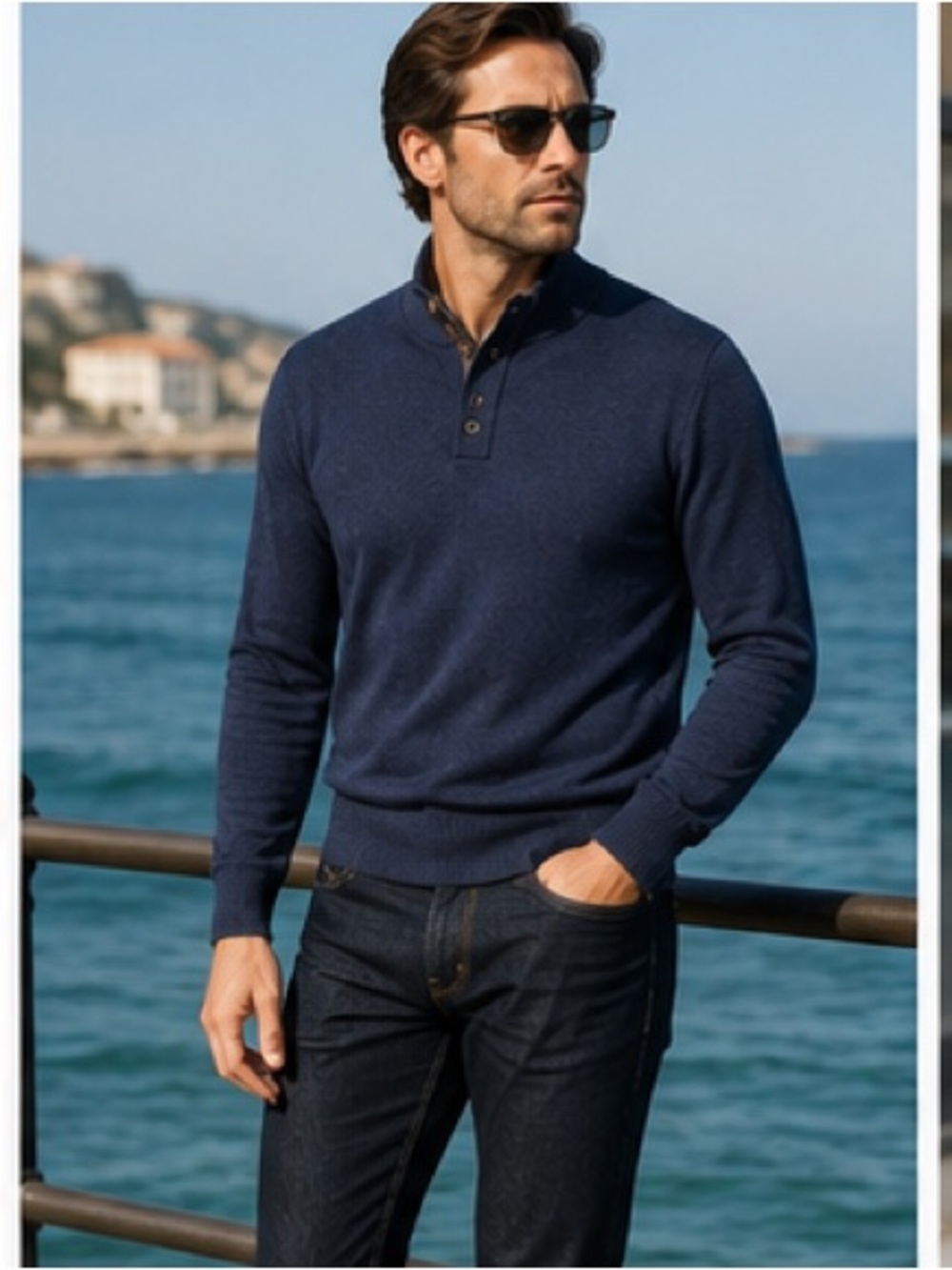 Thomas Dean 100% Merino Wool Sweater Mens Large Navy Mock Neck Henley Pullover